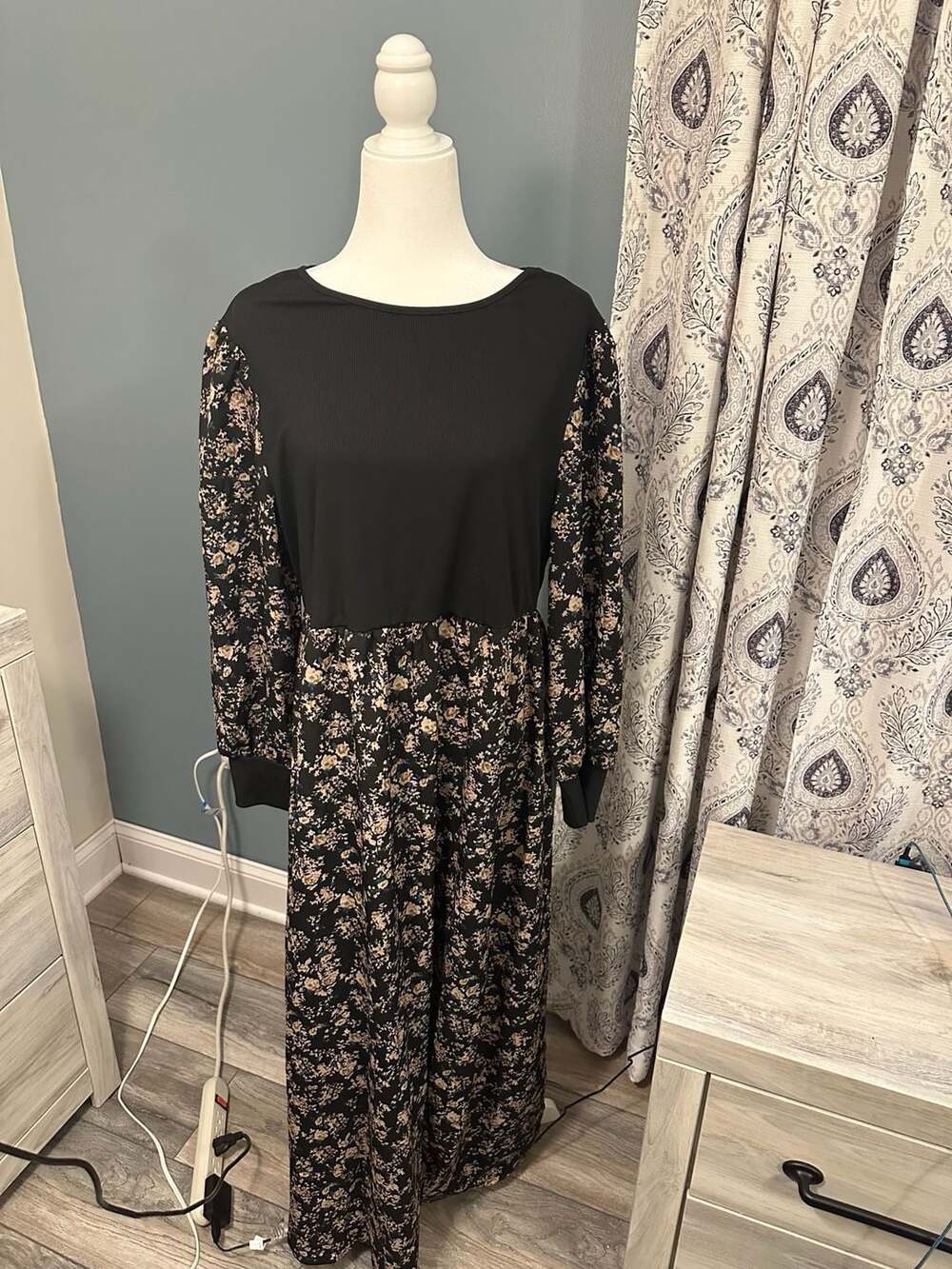 SHEIN Floral Print Long Sleeve Maxi Dress with Ribbed Top and Bell Sleeves